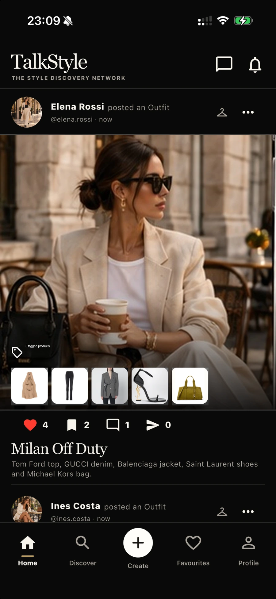 TalkStyle Home feed showing a women's fashion Outfit